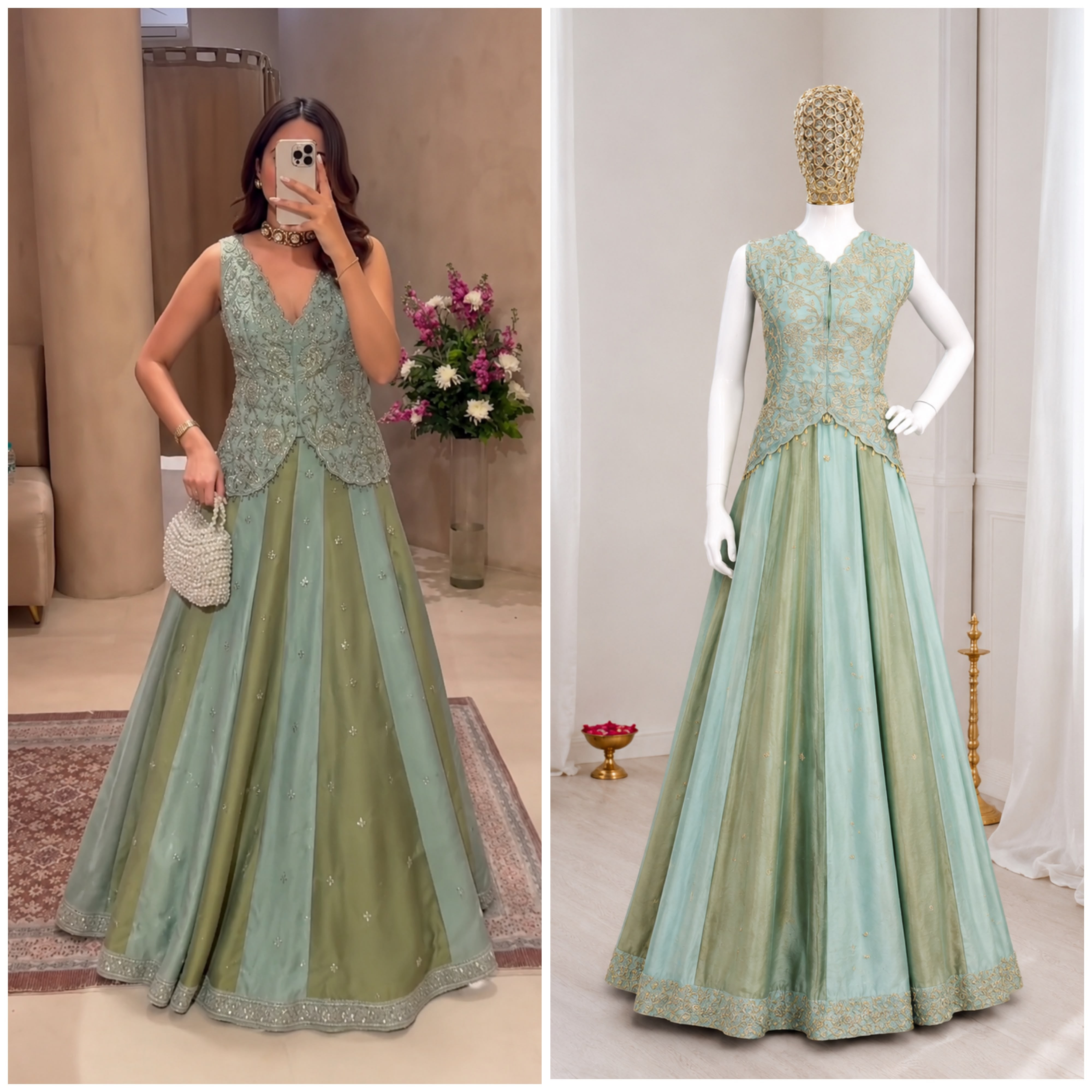 Premium Chinon Silk Embroidery Butta Lehenga Choli | 4 Meter Flare | Semi Beads Lace Work | Stitched Lehenga Set