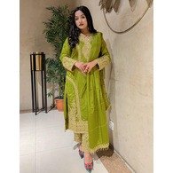 Women’s Silk Chinon Embroidered Kurta Pant with Dupatta Set – Mehandi Green
