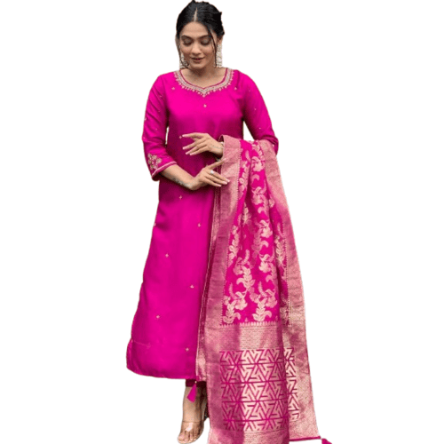 Pink colour silk suit set for women