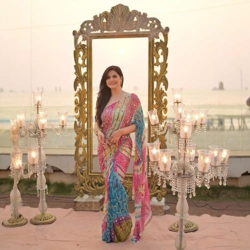 Bollywood Inspired Saree with Digital Print & Real Mirror Work with Designer Jalpari Blouse