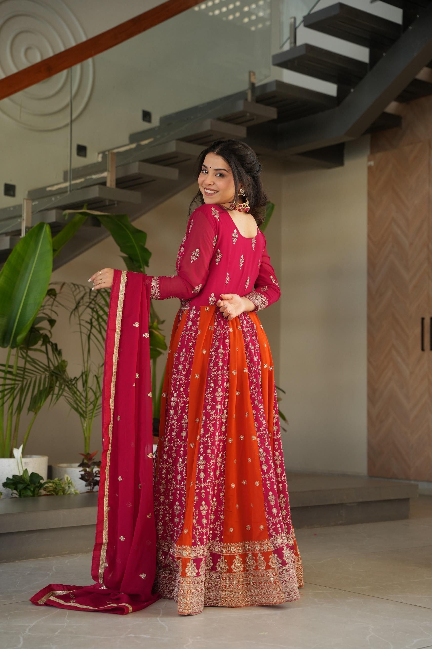 Royal Blossom Embroidered Gown Set with Matching Dupatta