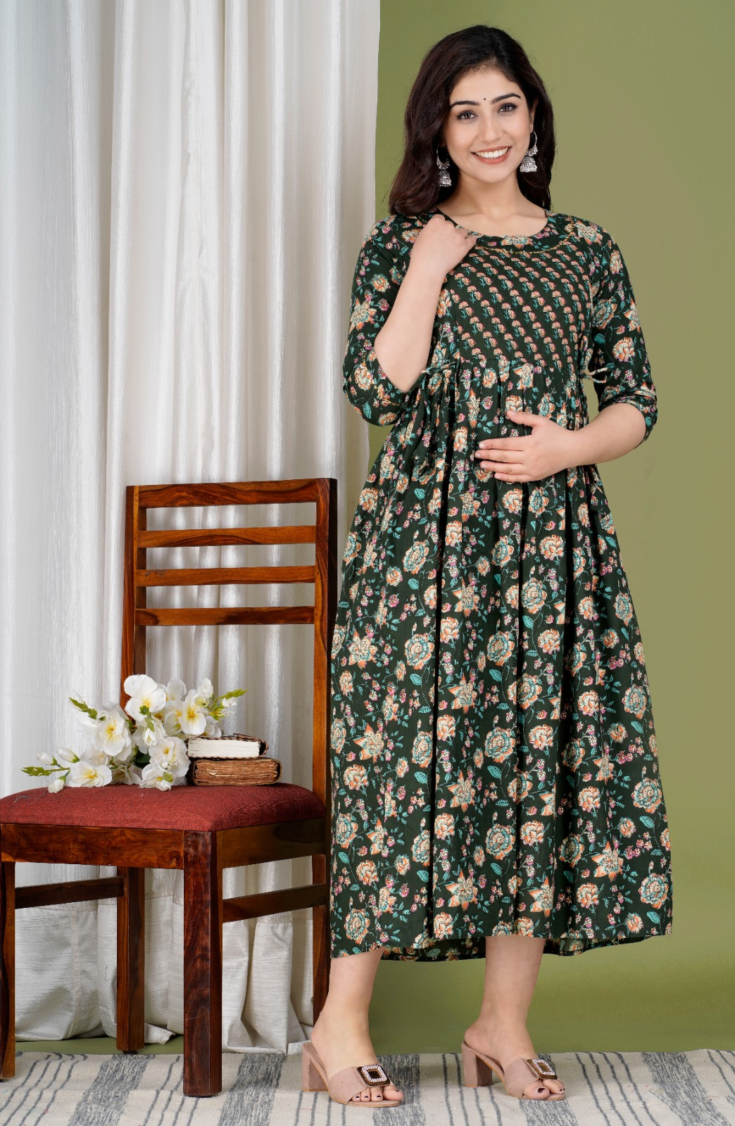 Cotton Printed Anarkali Maternity Feeding Gown