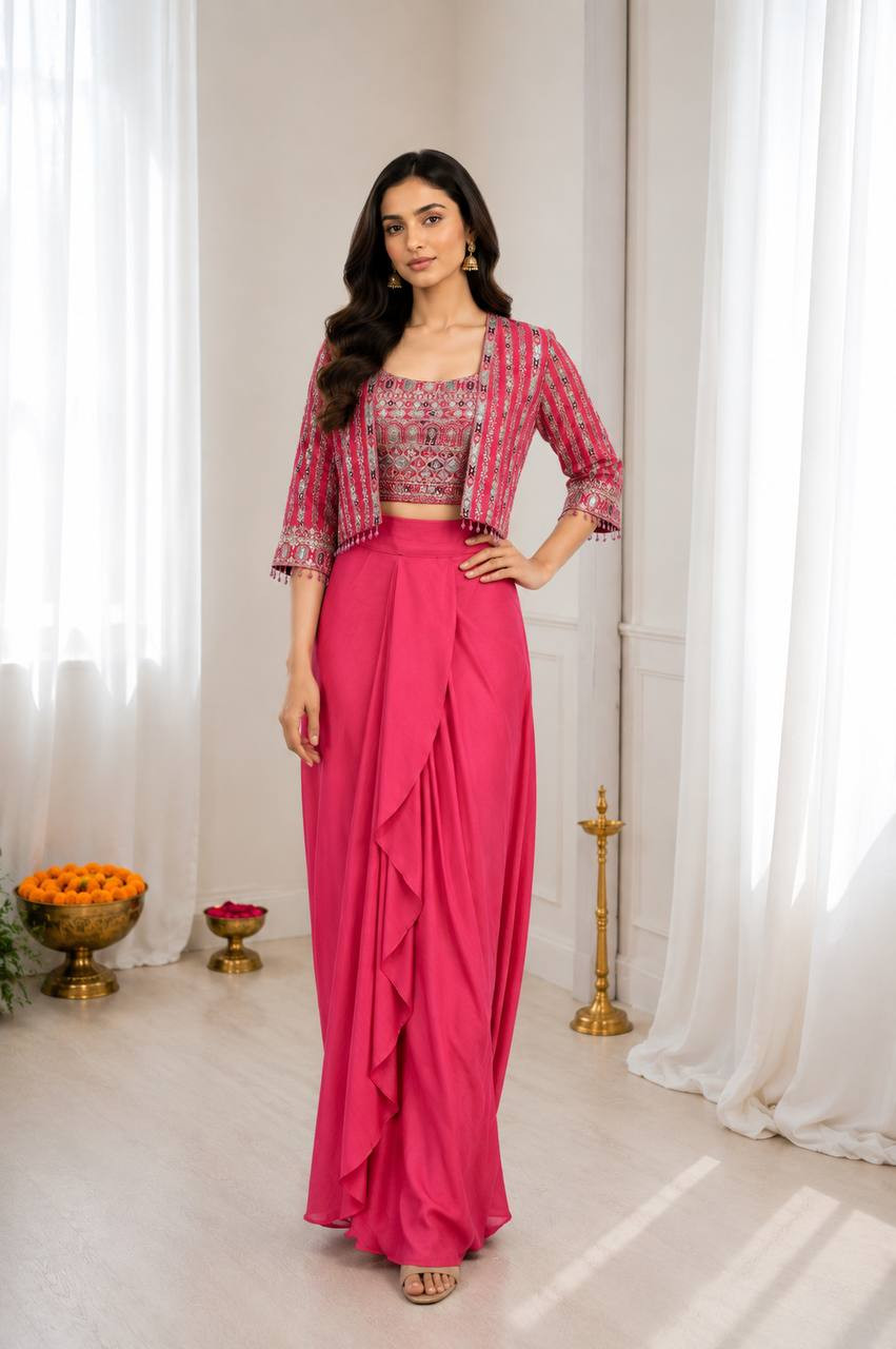 Premium Chinon Silk Koti with Dhoti Lehenga Set for Women | Embroidered Ready to Wear Festive Outfit