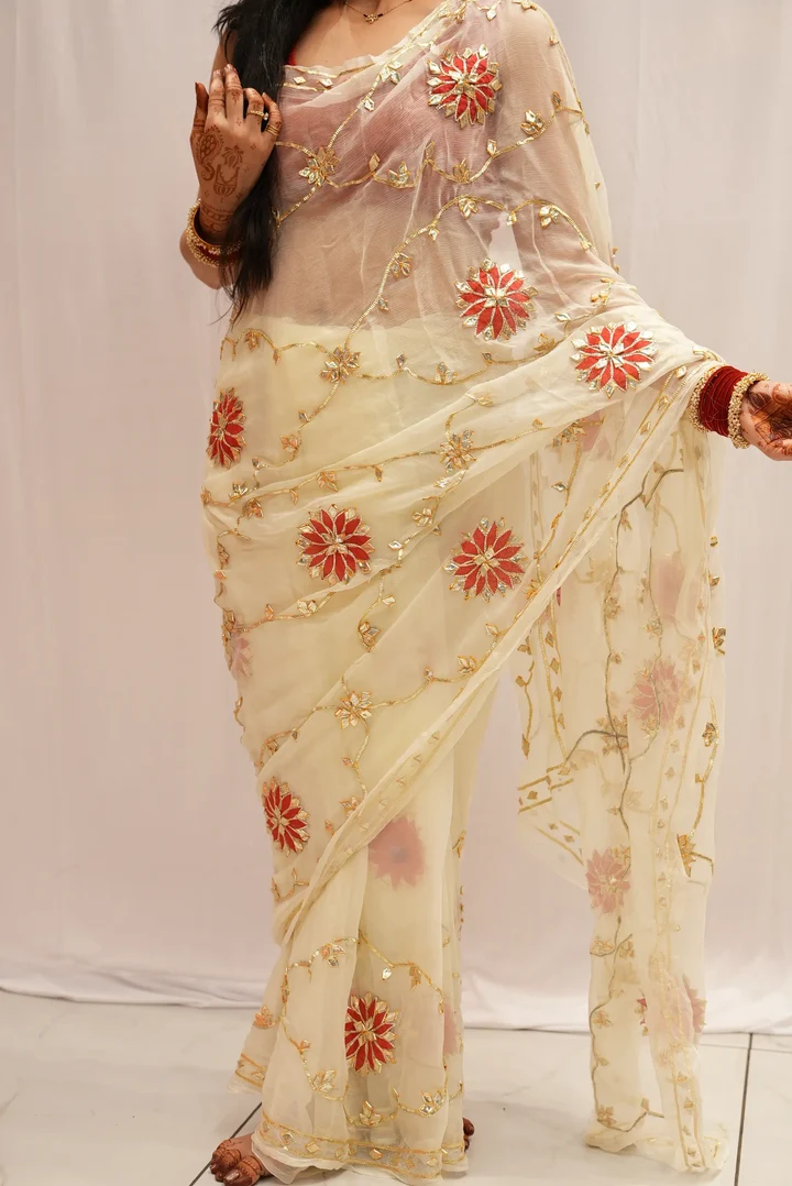 Pure Chiffon Gota Patti Handwork Jaal Saree with Aangi Style Unstitched Blouse