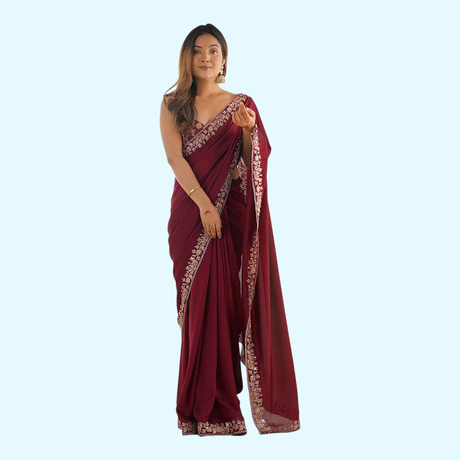 Wine Rangoli Party Wear Saree with Embroidered Silk Blouse