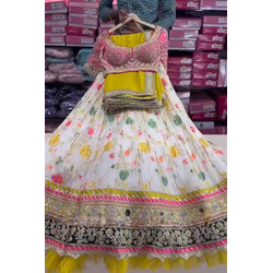 Real Mirror Embroidered & Printed Georgette Lehenga with 3 Meter Flare