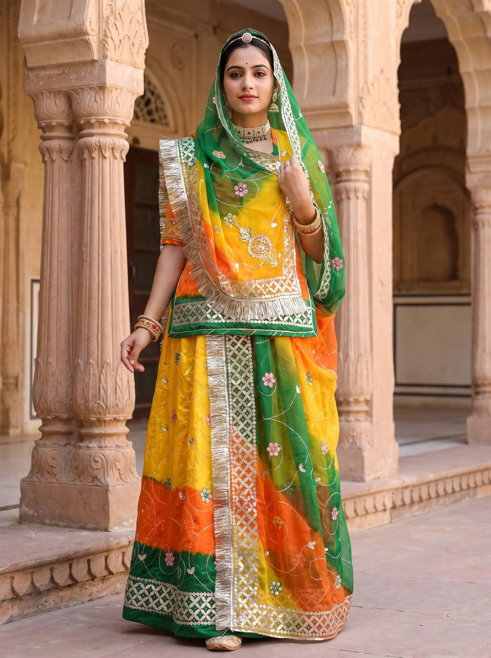 Premium Satin Rajputi Poshak with Humrahi Pure Odhani | Traditional Lehenga Kurti Kanchli Set