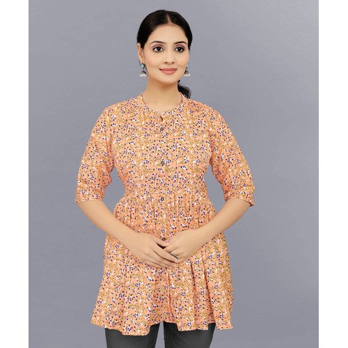 Light Orange, Green, Yellow & White Crepe Tunic Fabric – Soft & Flowing Material