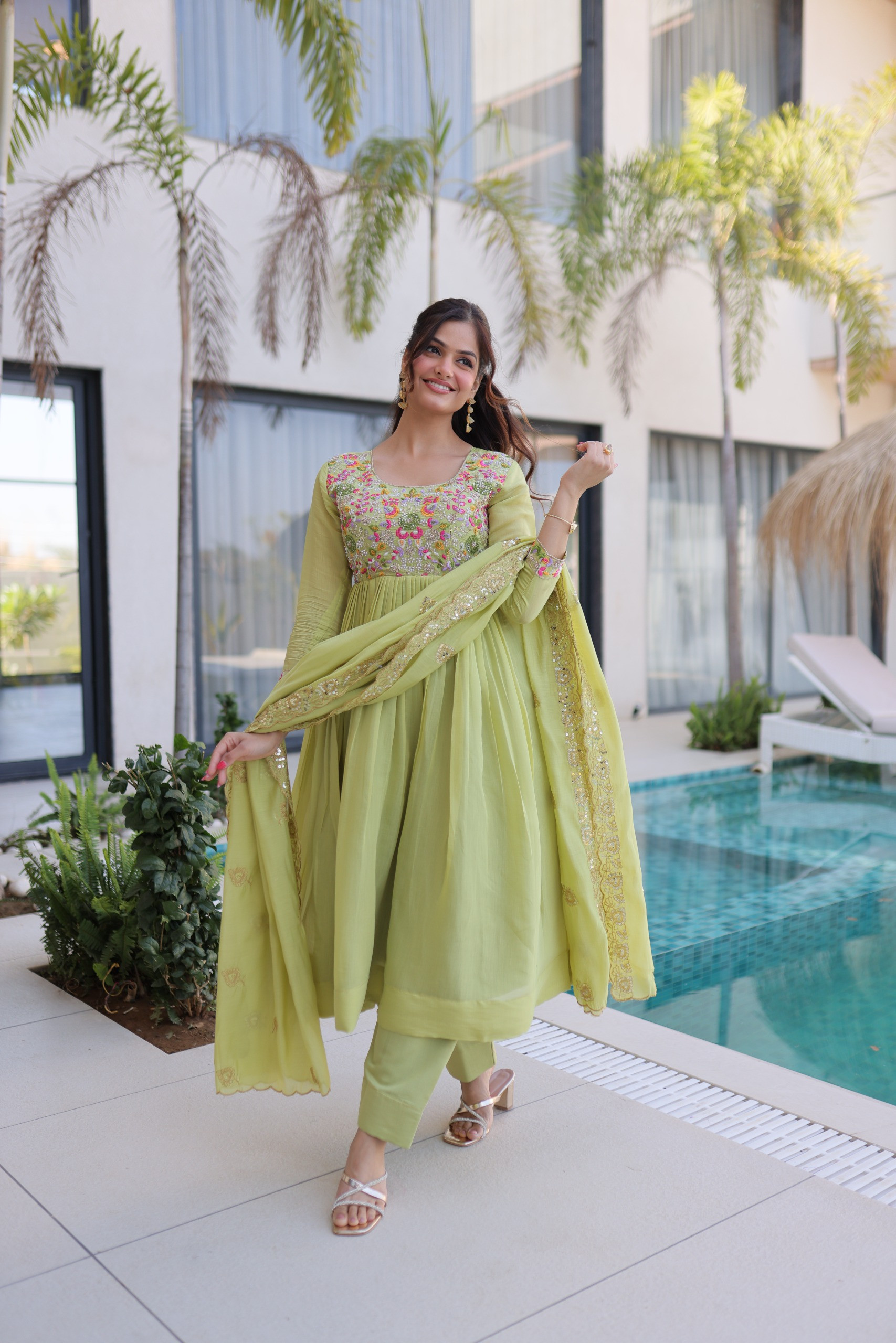 Exquisite Beads Embroidered Mal Chanderi Anarkali Gown Set with Cutwork Dupatta
