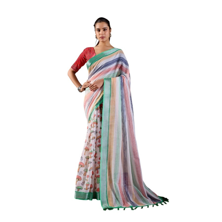 Elegant Multicolor Stripe Linen Cotton Saree with Printed Pallu