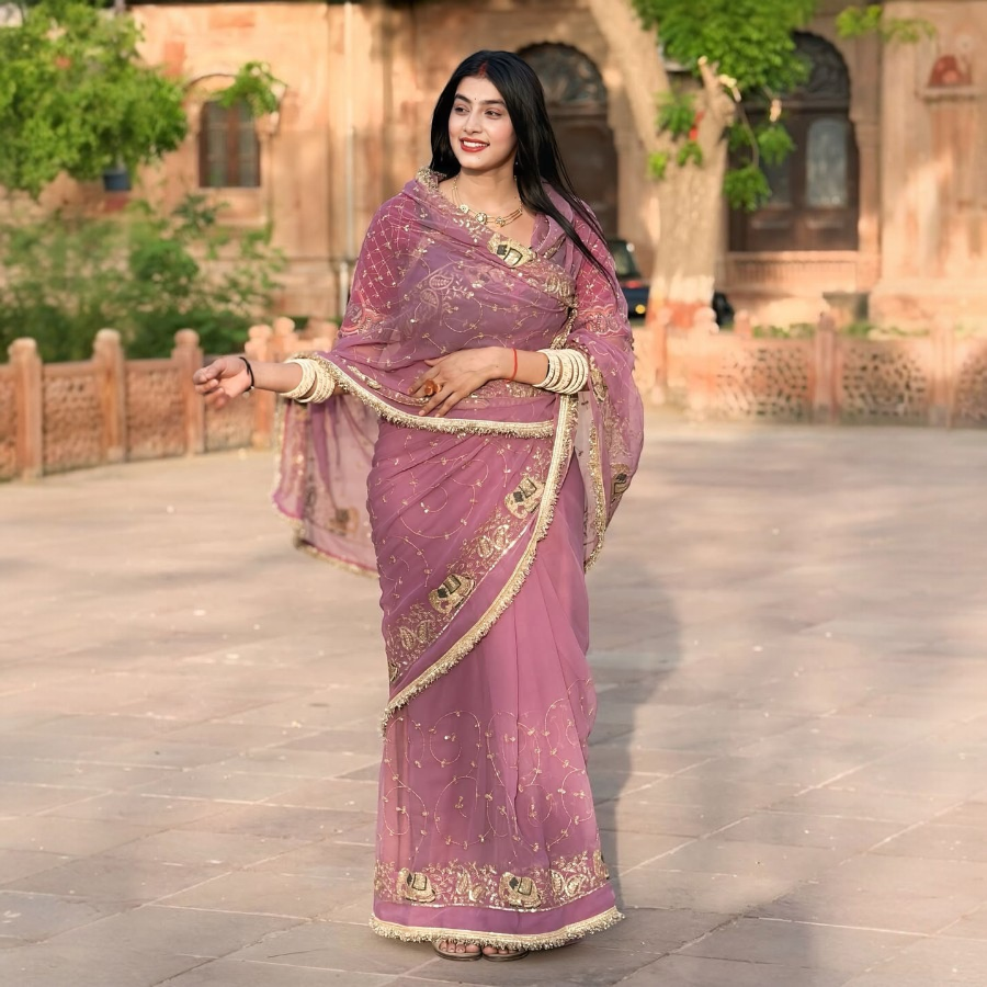 Elephant Embroidered Pyaji Rajputi Saree
