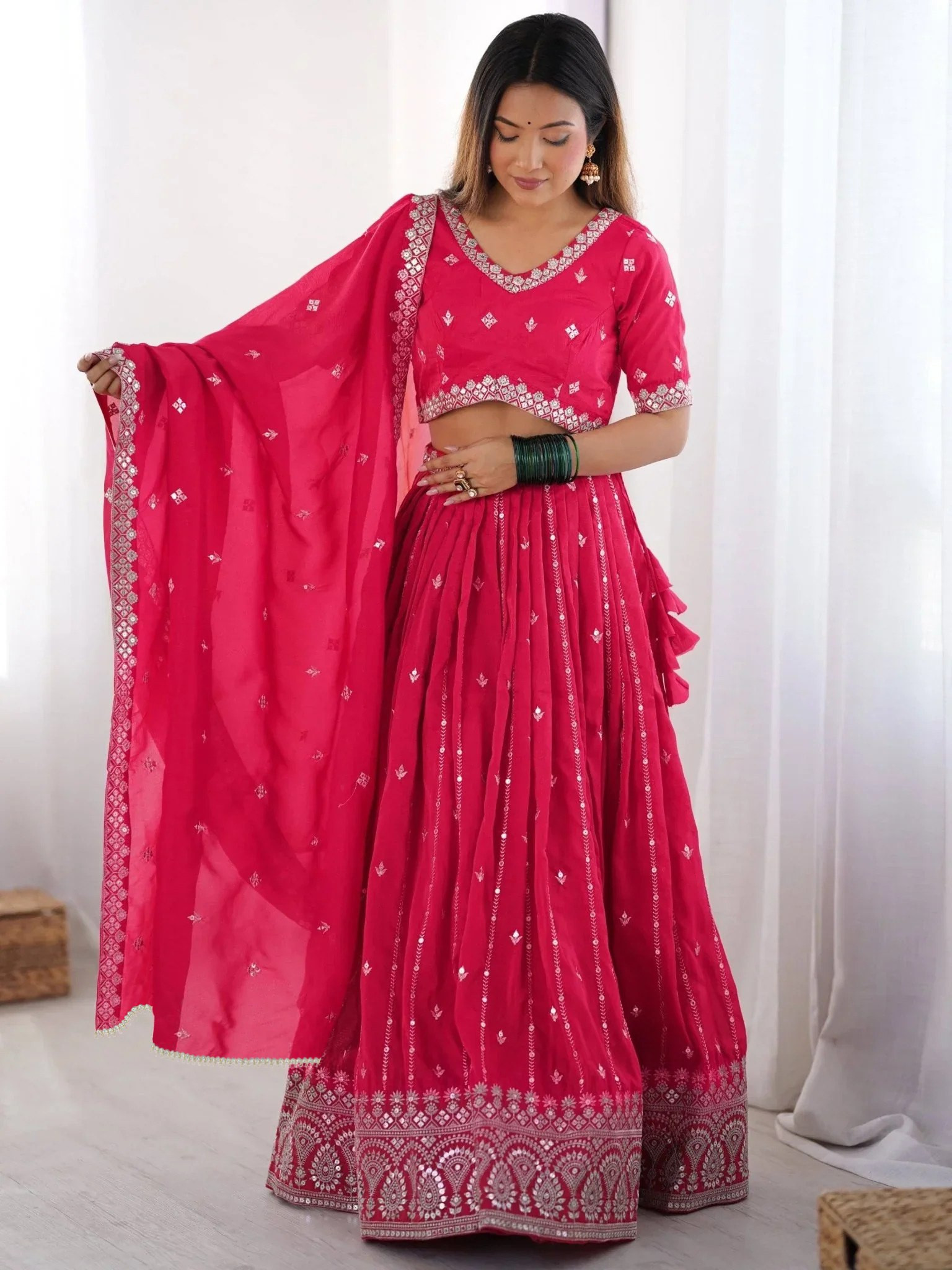 Embellished Semi-Stitched Georgette Lehenga Choli with Dupatta (Pink) – Zari & Sequins Embroidery
