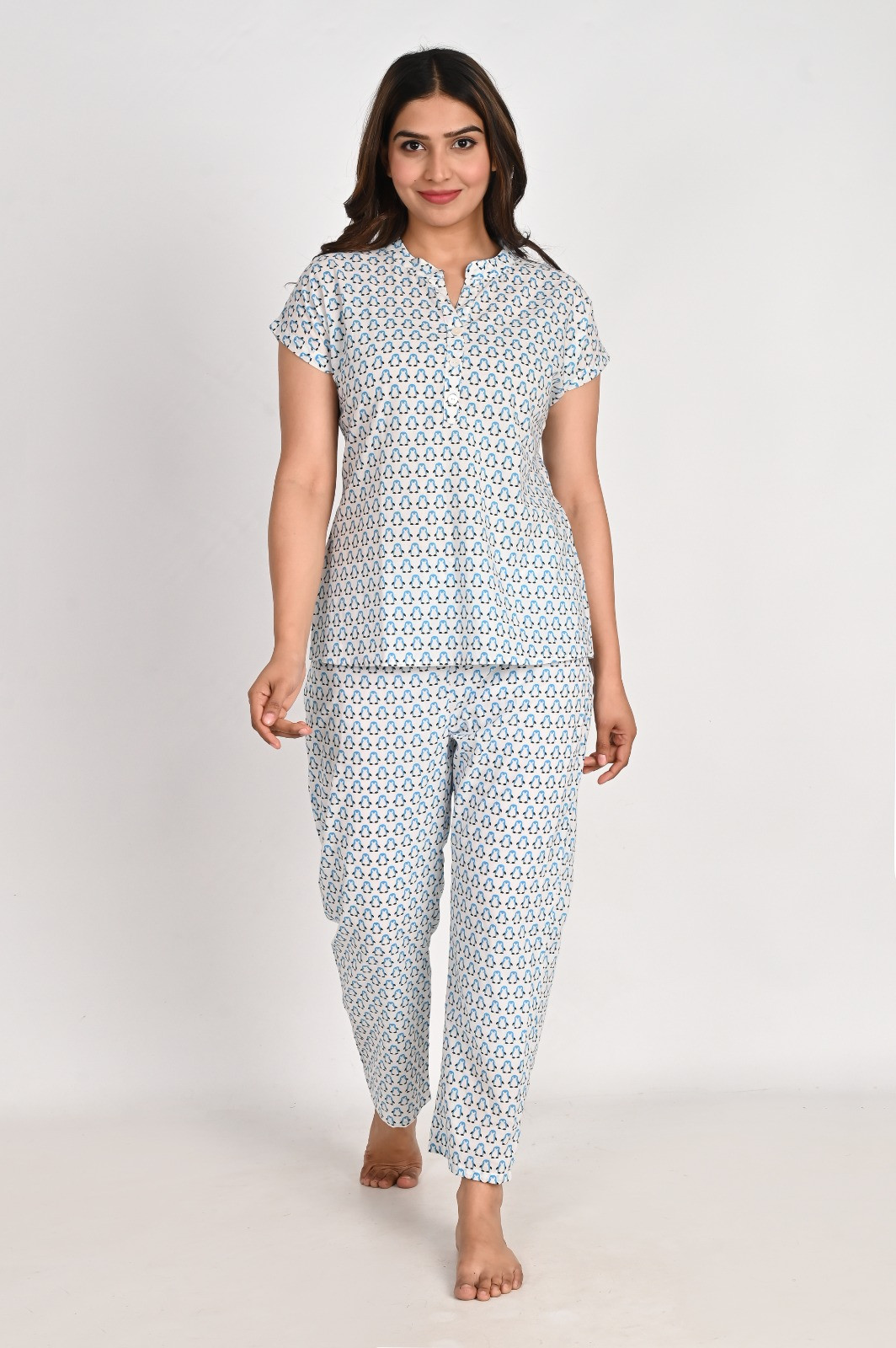 Women's Pure Cotton Penguin Printed Night Suit Top and Pyjama Set