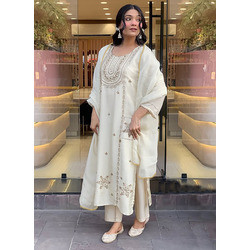White Embroidered Tesla Kurta Set with Pant & Vichitra Dupatta