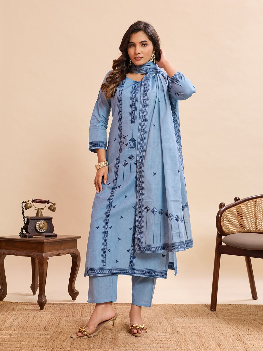 Elegant Sky Blue Pure Cotton Jacquard Kurta Pant Dupatta Set for Women