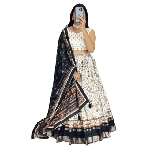 Soft Dola Silk Fully Printed With Contrast Crosset Work Border Lahanga Choli