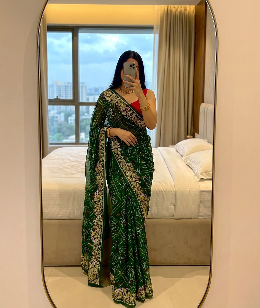 Royal Rajwadi Style Georgette Bhandej Saree with Vintage Sequence & Katdana Work