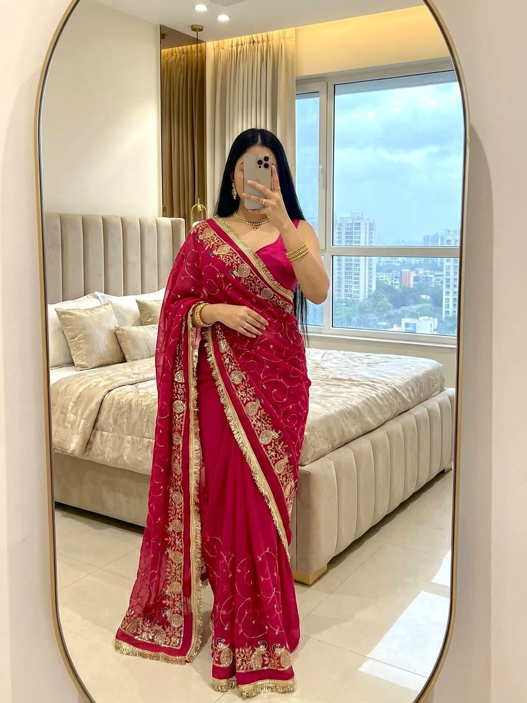 Premium Peacock Royal Georgette Rajwadi Saree with Hand Kasab Work