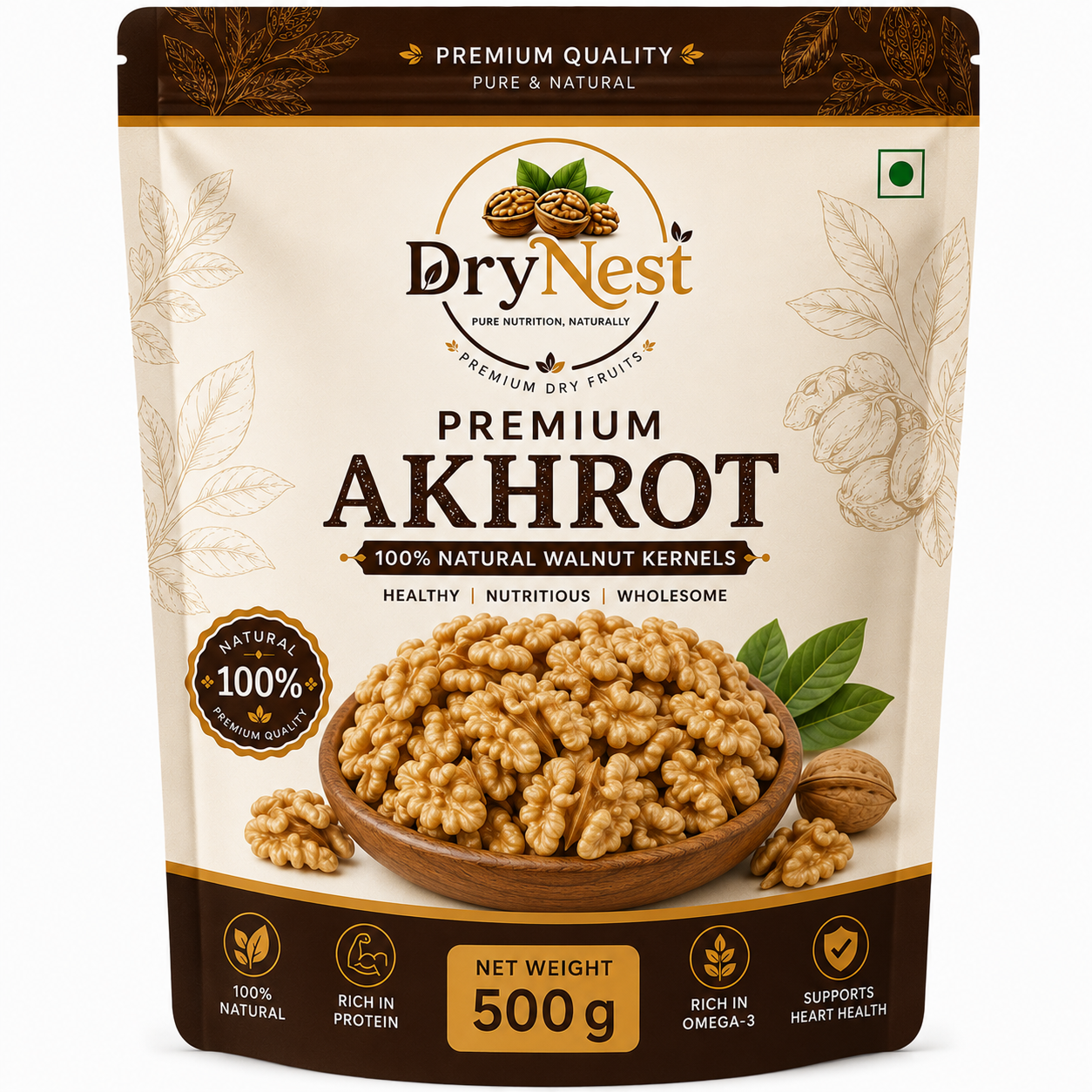 DryNest Premium Akhrot (Walnut Kernels) 500g | 100% Natural Walnut Kernels | Fresh & Hygienically Packed