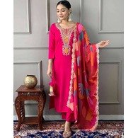 Women’s Embroidered Vichitra Kurta Pant Dupatta Set with Georgette Digital Print Dupatta – Pink