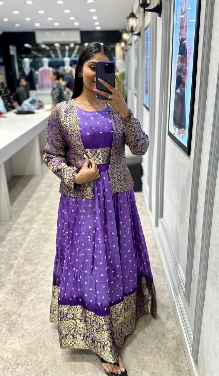 Royal Kanjiveram Silk Bandhani Gown with Koti | 5 Meter Flare Zari Bandhej Gown