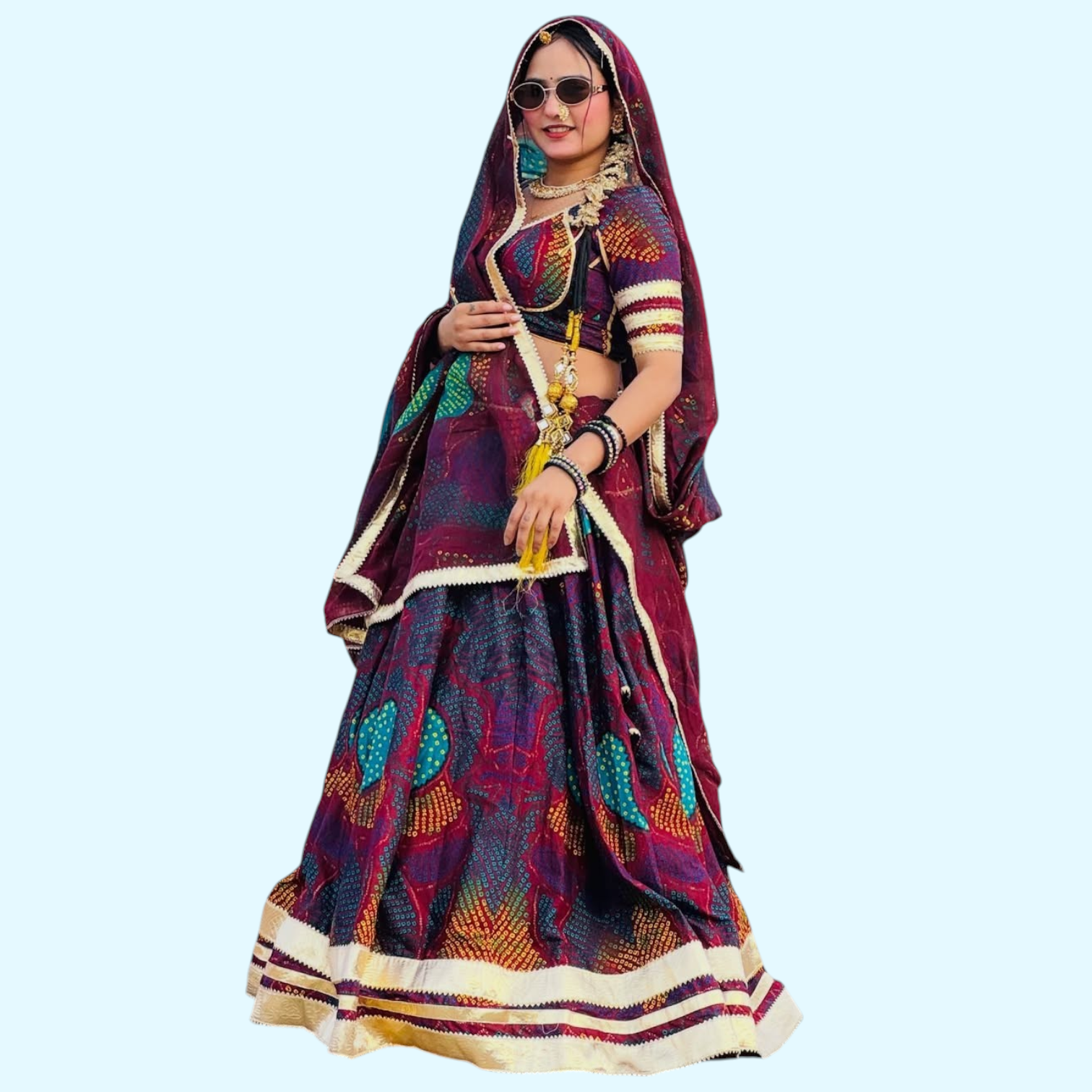 Designer Shekhawati Bandhej Lehenga Set with Gota Work & 4 Meter Flair