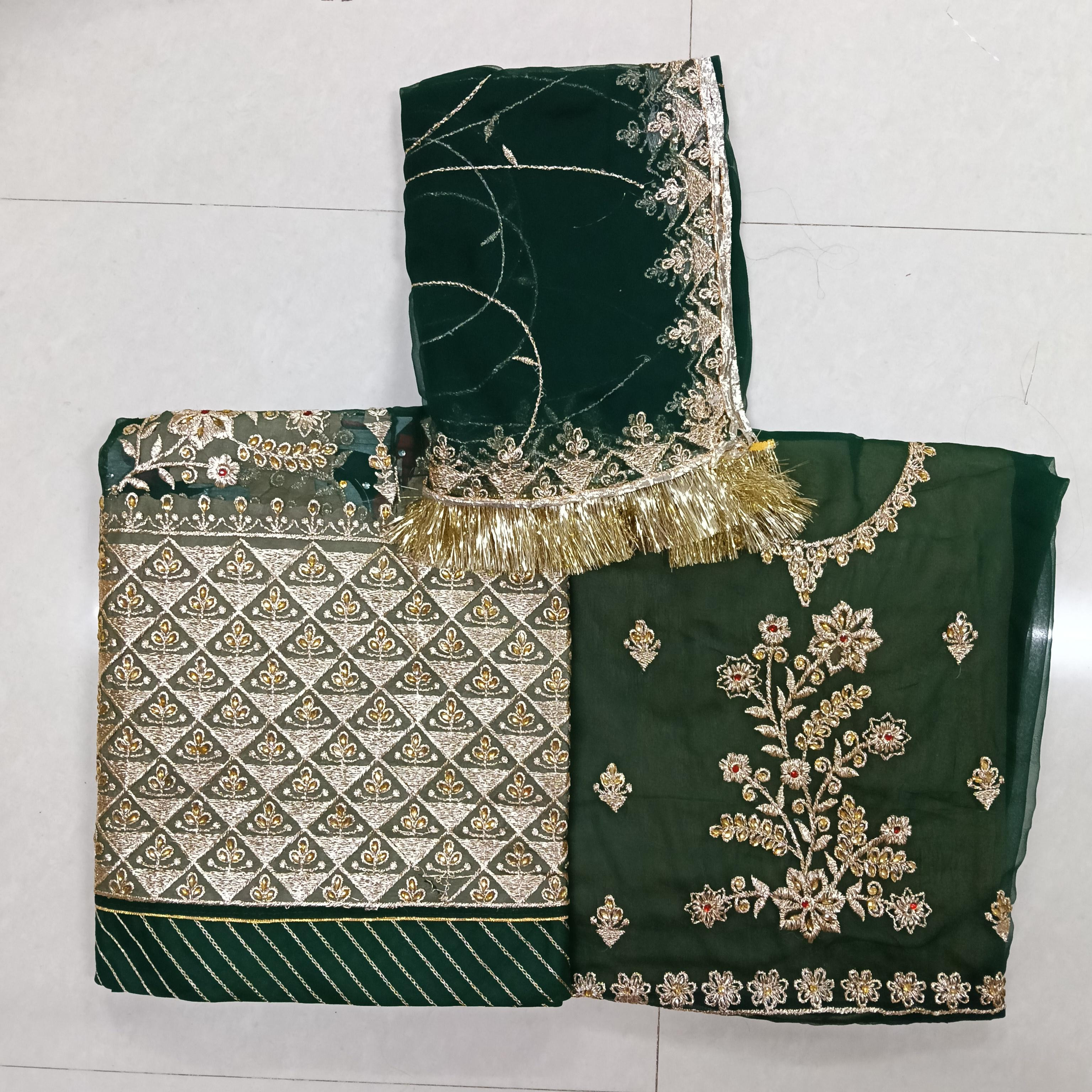 Premium Heavy Designer Poshak Set with Fancy Zari, Stone Kundan Work & Contrast Odhni