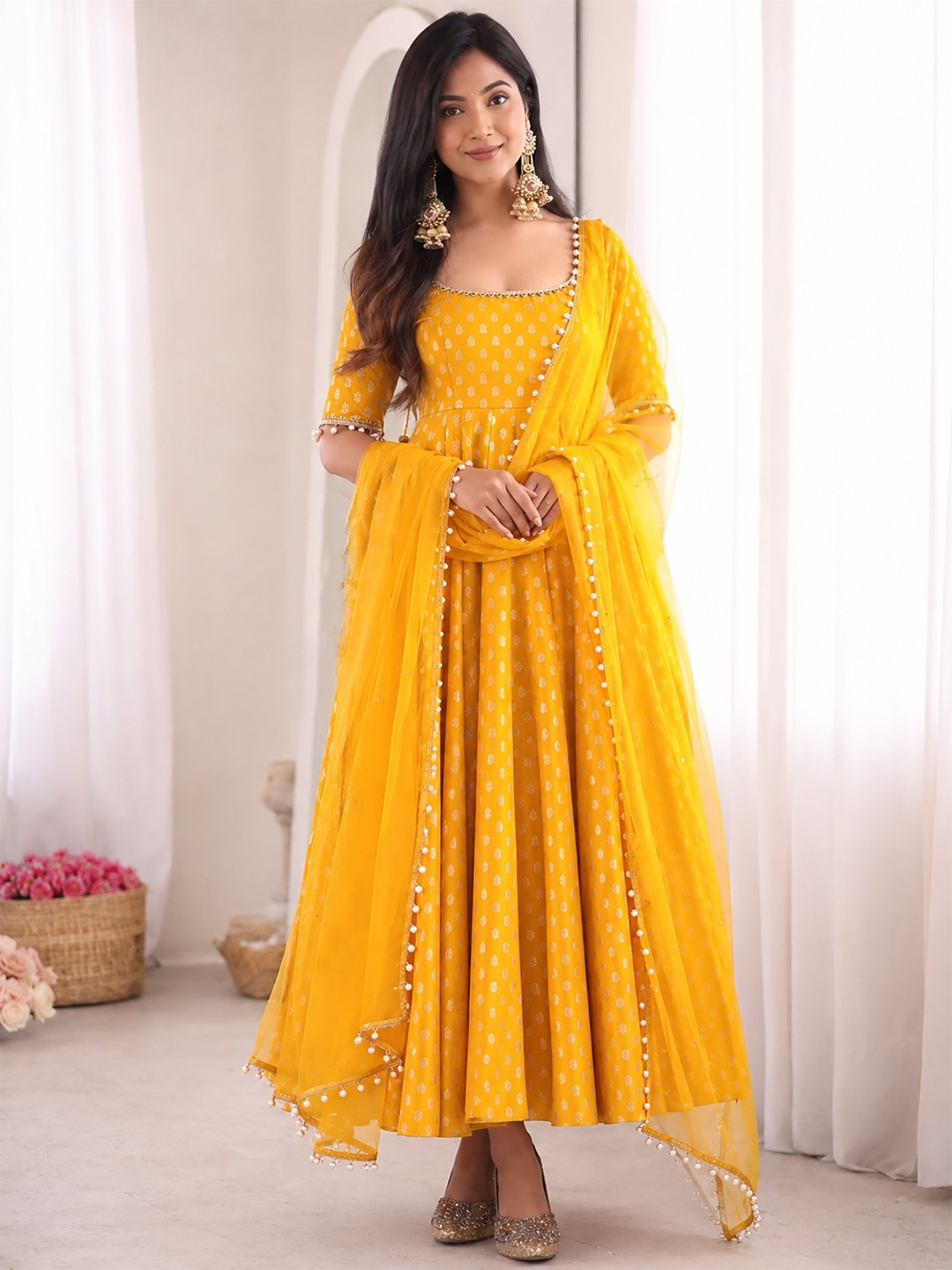 Yellow Chanderi Jacquard Butti Designer Anarkali Suit Set with Embroidery & Mirror Work