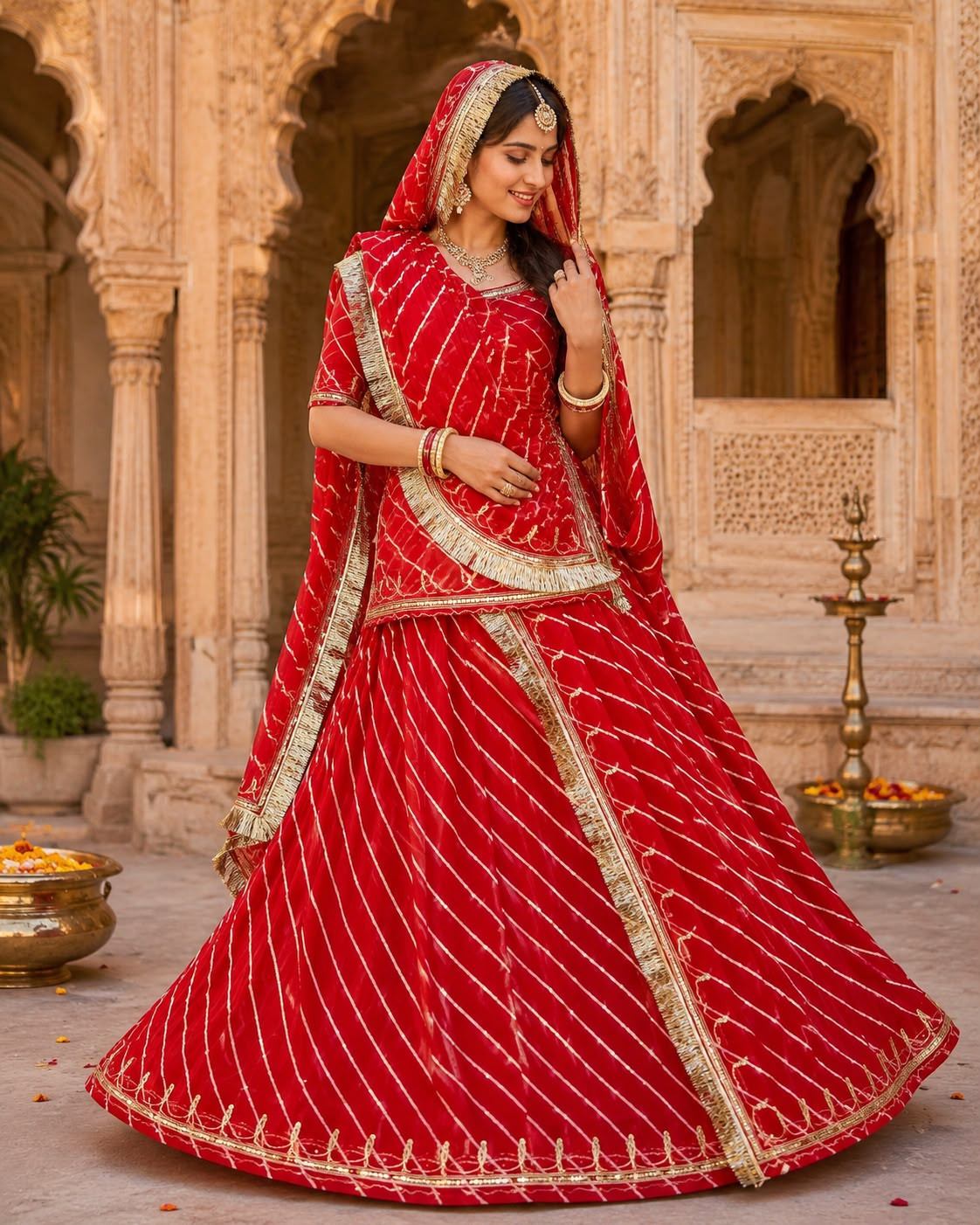 Designer Lehariya Poshak for Women – Humrahi Pure Fabric with Zari Kasab Work | Semi Stitch | Up to 3XL | Lehenga Kurti Kanchali & Odhani Set