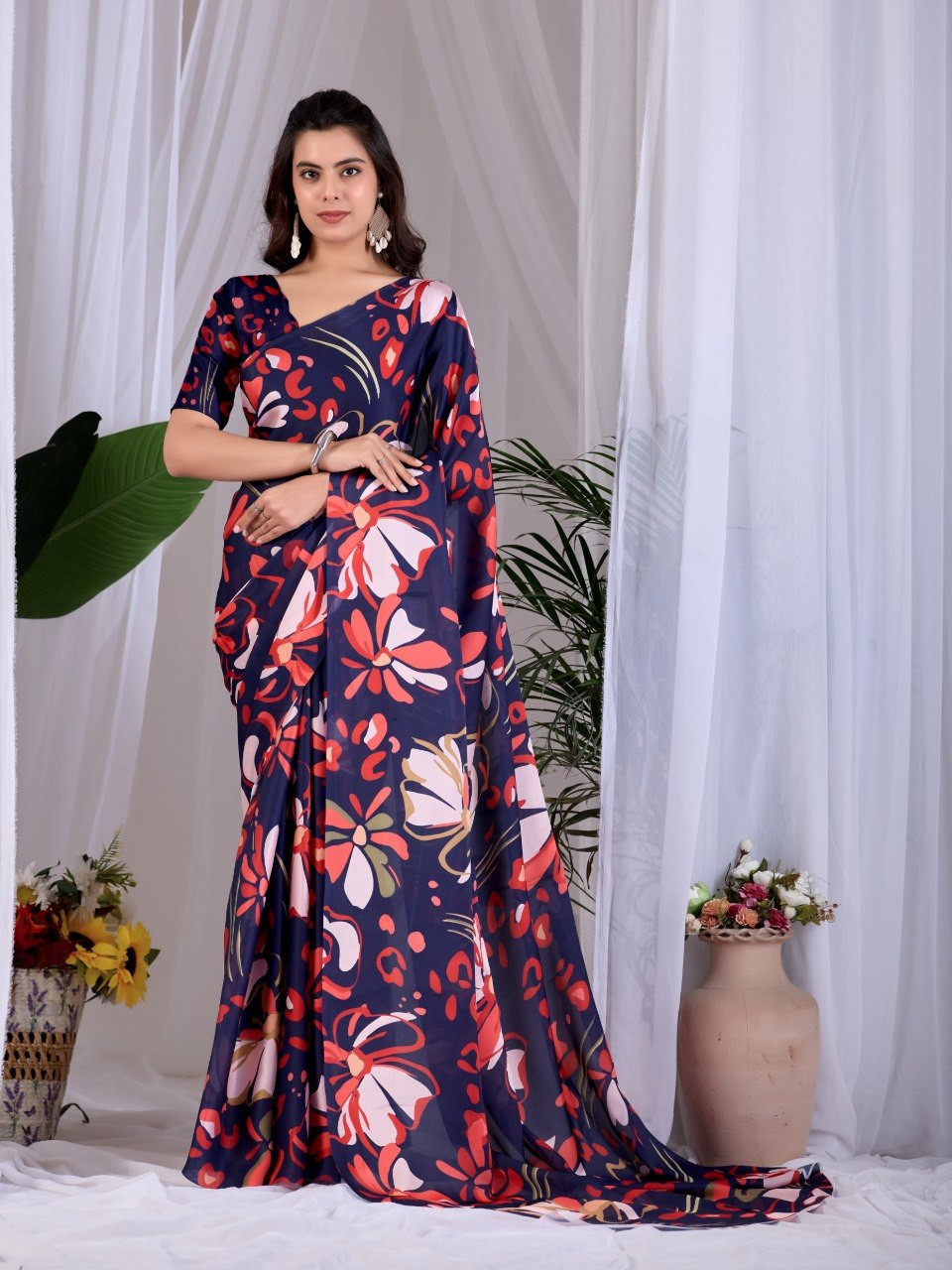 Elegant Navy Blue Floral Satin Georgette Saree with Blouse - Chic Indian Wear