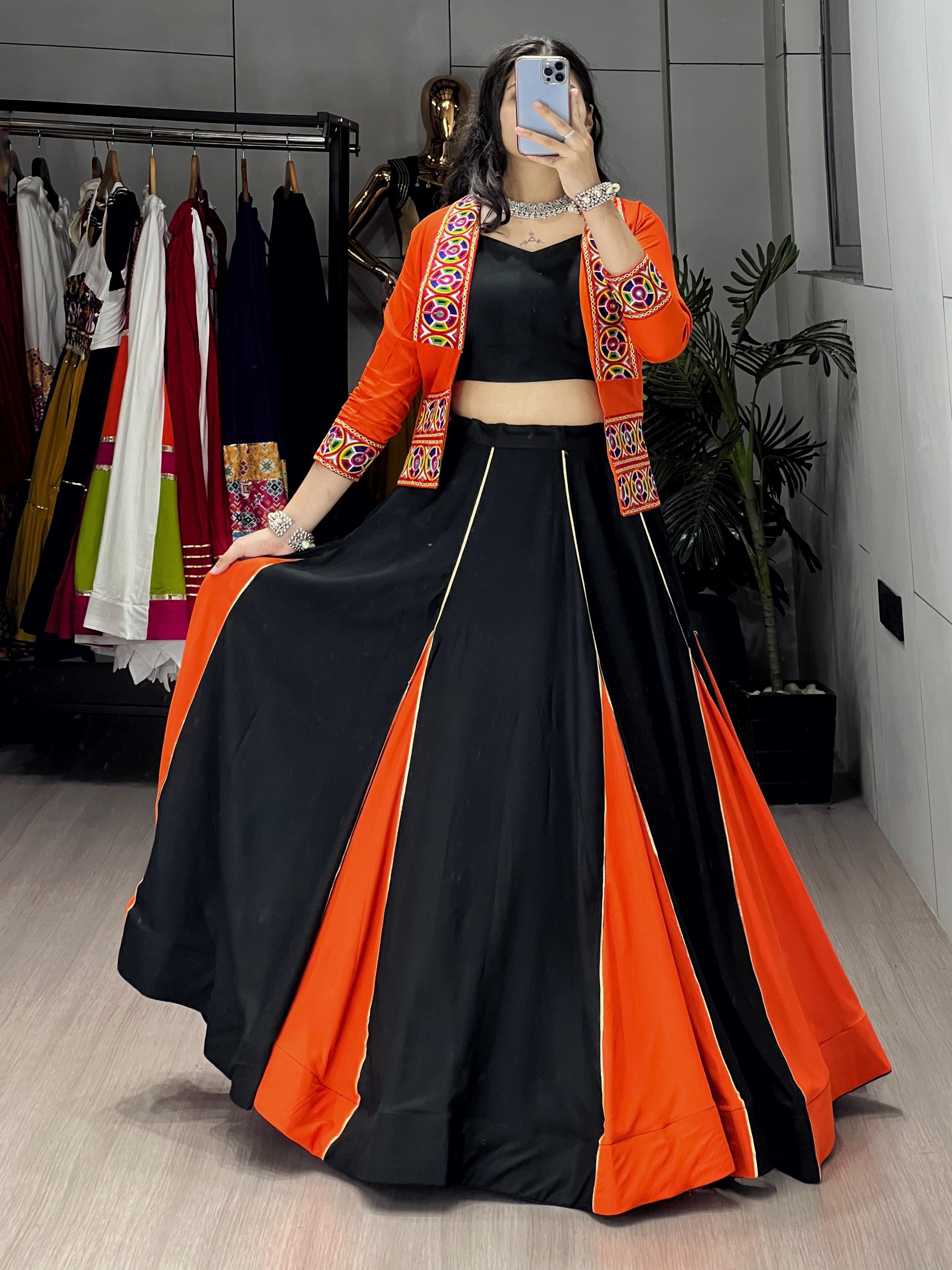 Black & Orange Gujarati Lehenga Choli with Koti & Blouse - Traditional Indian Wedding/Festive Wear