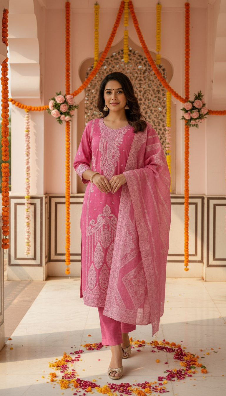 Pure Cotton Jacquard Printed Kurta, Pant & Dupatta Set