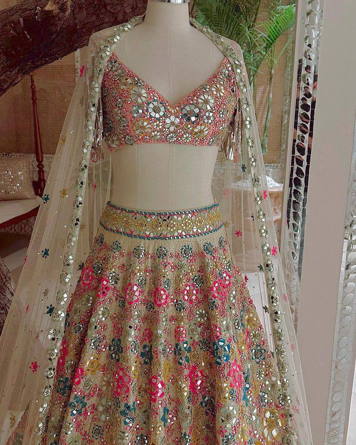 3.5 Meter Soft Butterfly Net Real Mirror Sequins Embroidered Lehenga with Cancan & Canvas Patta