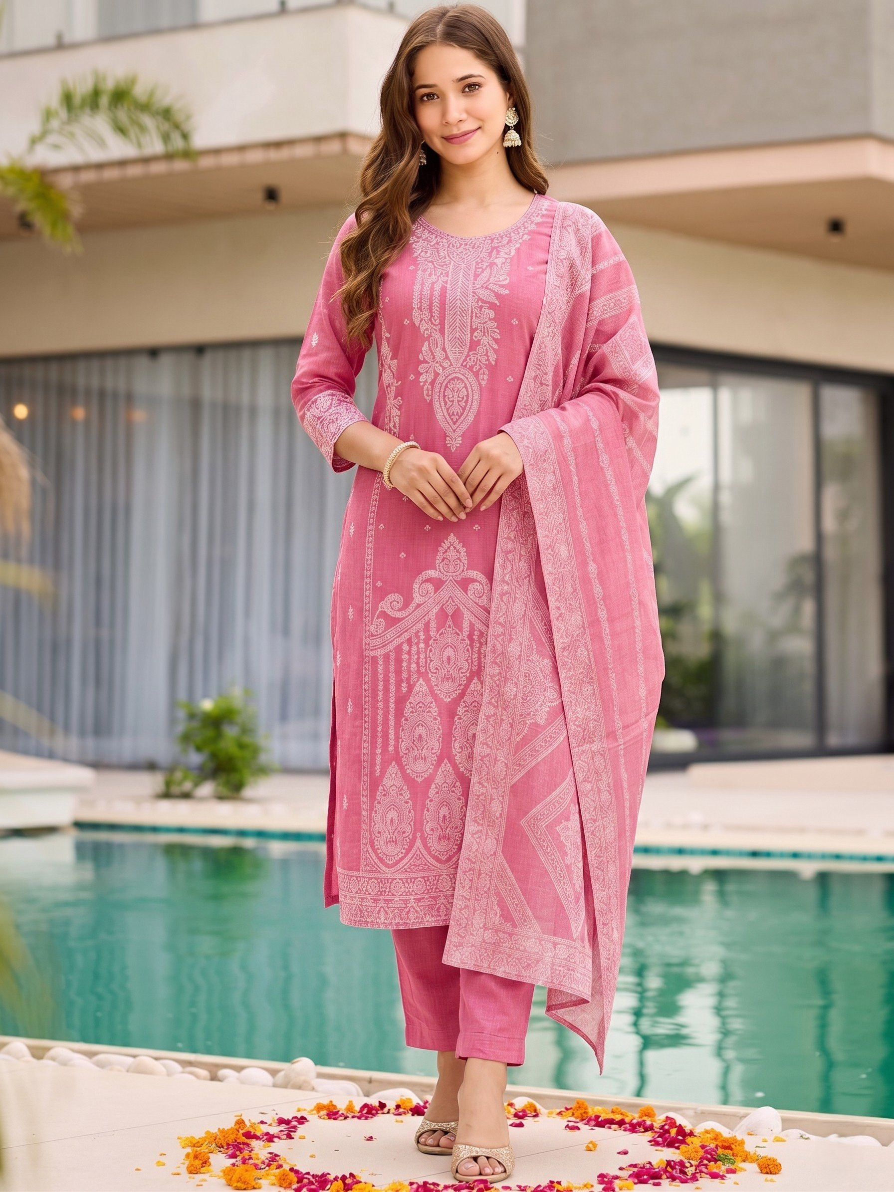 Pure Cotton Jacquard Printed Kurta, Pant & Dupatta Set