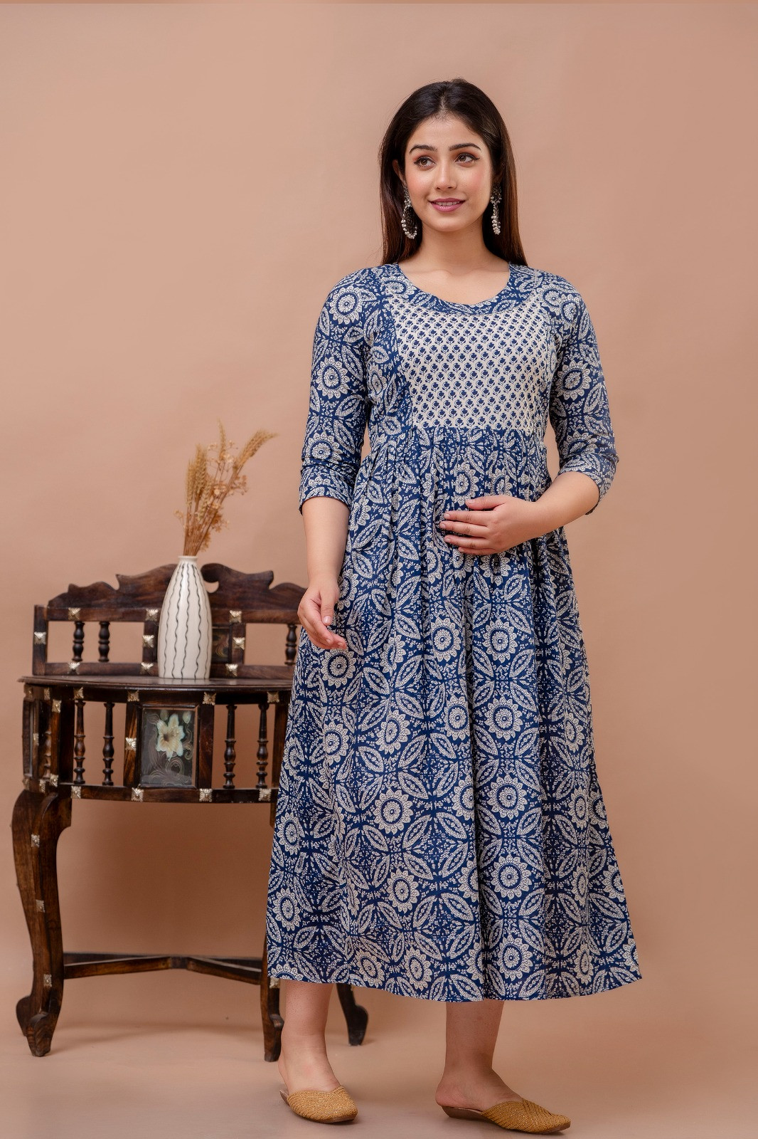 Blue Cotton Printed Maternity Feeding Kurti