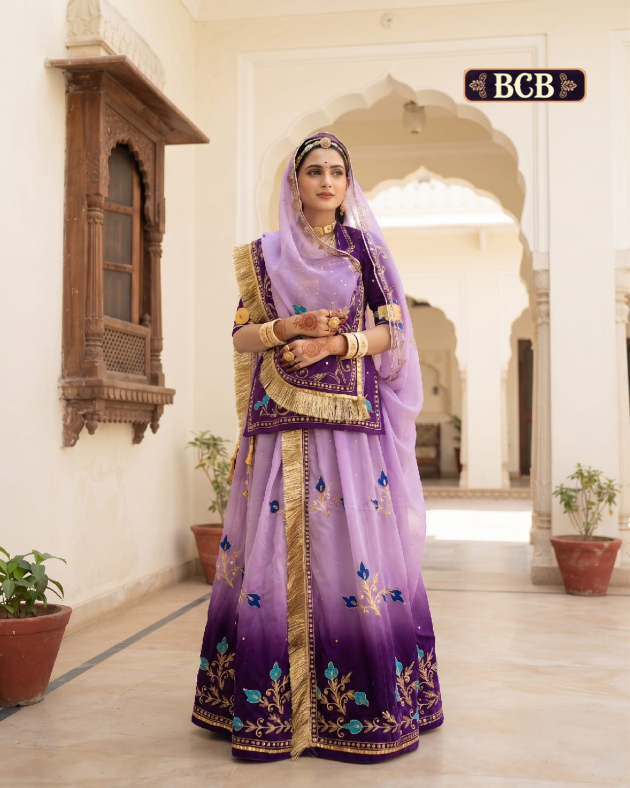 Royal Double-Shaded Rajputi Poshak with Intricate Aari, Zari & Resham Work – English Shade Special Dye