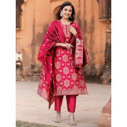 Elegant Pink Jacquard Women’s Kurta Pant Dupatta Set with Weaving Work
