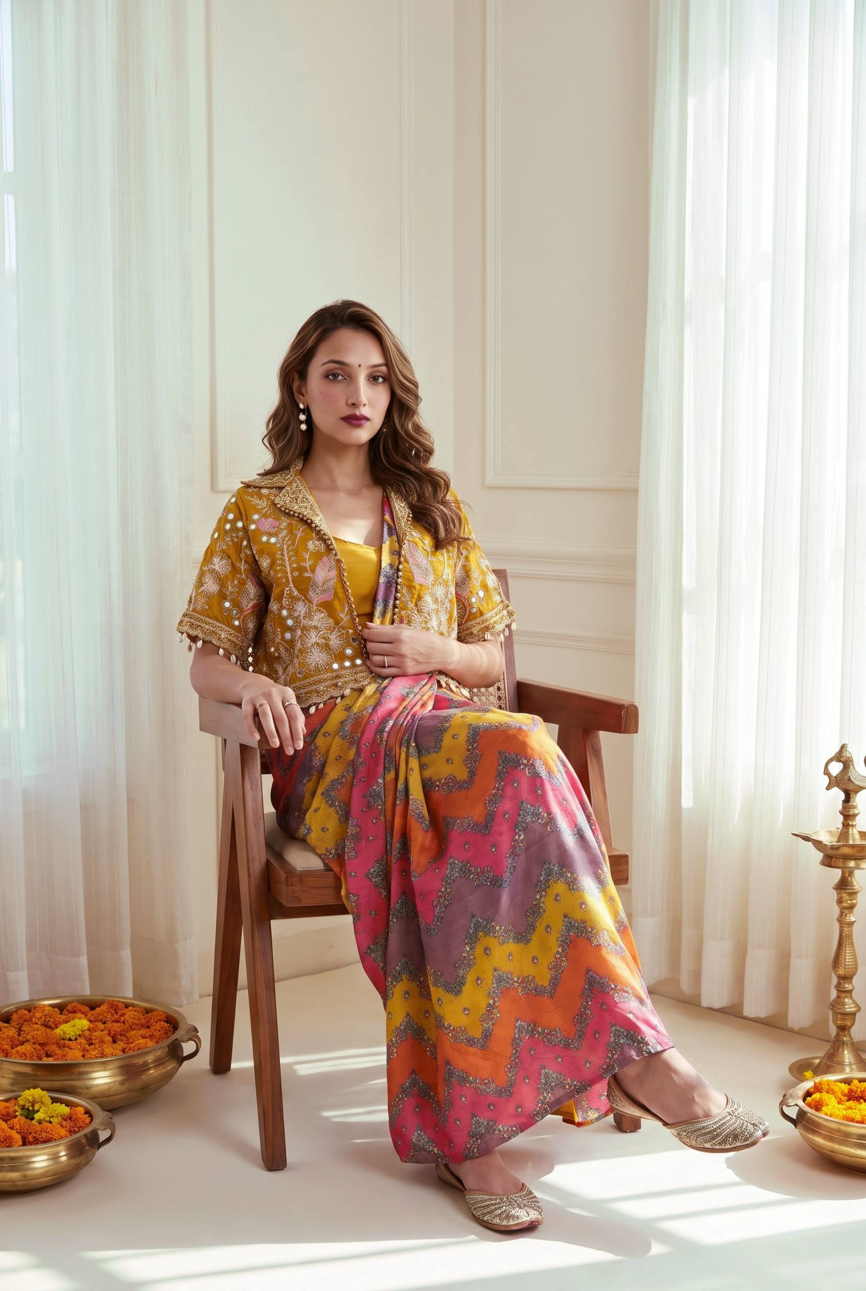 Premium Ready-to-Wear Heavy Chinon Silk Saree with Embroidery Mirror Work Koti