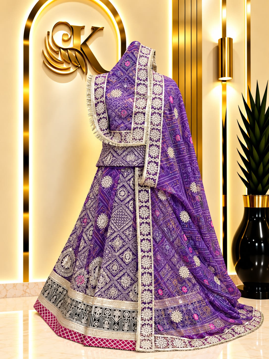 Beautiful Vintage Work D. Georgette Chundri Rajputi Poshak – 4 Meter Lehenga with Chapat Zari & Sequin Work