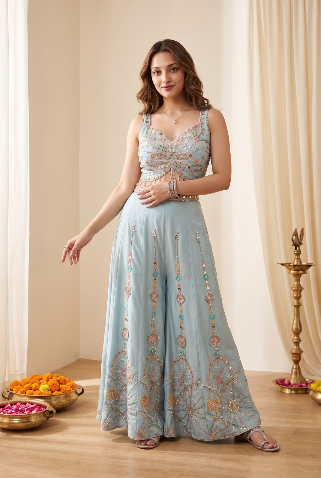 Festive Ready 3-Piece Rangoli Silk Embroidered Blouse Palazzo & Dupatta Set