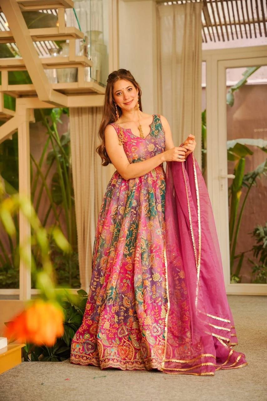 Elegant Organza Silk Digital Print Anarkali Gown with Dupatta - Full Stitch, Heavy Flair