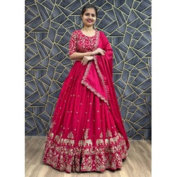 Chandrika Pink Embroidered Chinon Lehenga Choli with Dupatta – Semi-Stitched Premium Set