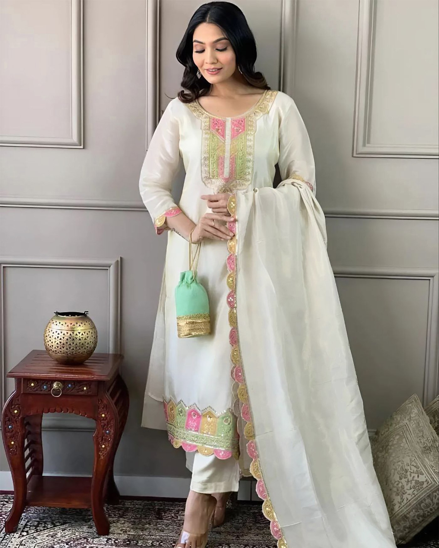 Elegant White Women Silk Kurta Pant Dupatta Set – Embroidered Tesla Fabric with Vichitra Dupatta