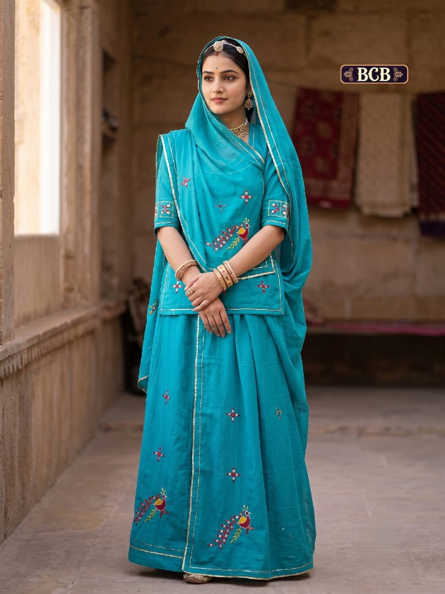 Premium Peacock Design Rajputi Poshak | Cotton Suit with Resham Thread Work | Fast Colour Traditional Dress