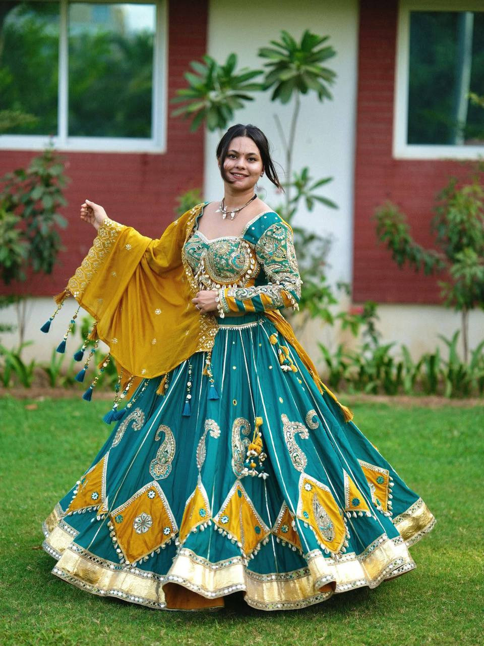 4 Meter Flared Premium Muslin Silk Lehenga With Digital Print & Real Mirror Work