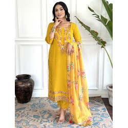 Women’s Yellow Silk Kurta Pant Dupatta Set | Embroidered Roman Silk Suit with Tabi Dupatta
