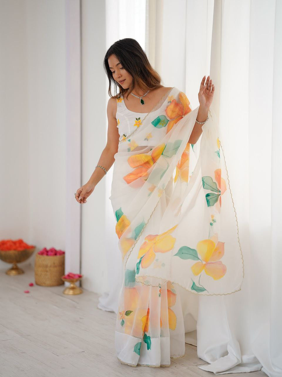 Premium Taby Silk Floral Print Saree with Full Handwork & Hand Pearl Work