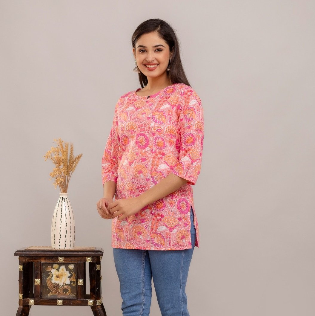 Pink Sanganeri Printed Short Kurti