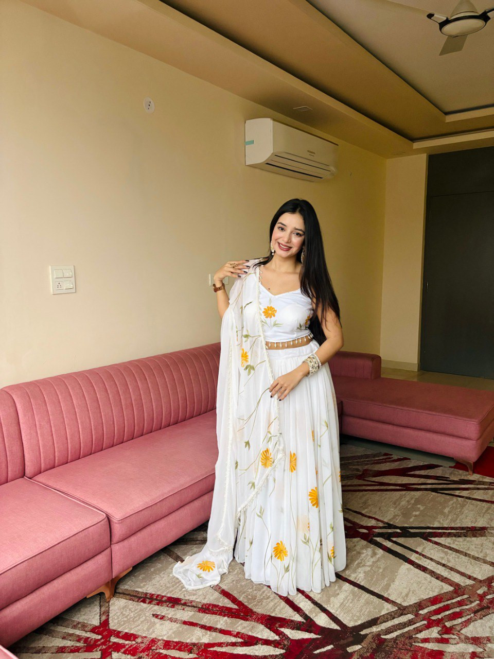 4.5 Mtr Flayer Ethereal Hand-Painted Floral Organza Lehenga Set