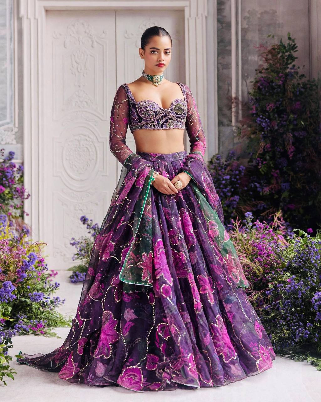 Premium Tabby Silk Lehenga – Digital Print & Sequence Figure Work